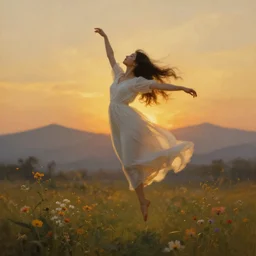 oil painting portrait of a young woman with long dark flowing hair in a white dress, dancing levitating floating over a field of flowers at sunset with mountains in the background, hazy, digital art, chiaroscuro, artstation, cinematic, golden hour, digital art painting by greg rutkowski, william - adolphe bouguereau, lu ji, hazy atmosphere, flowers, cinematic lighting