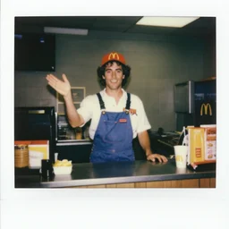turbo the american gladiator working the front counter of mcdonald's ready to take your order, eighties polaroid, flash photography, photorealistic, kodachrome