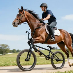 horse riding a bmx, photograph