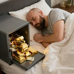 bald man with beard sleeping peacefully in a comfortable bed next to an open safe full of shiny gold bars and money. award winning photography. photorealistic.
