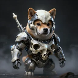 bones powered armor, anthropomorphic shiba inu face visible metal bone helm, stuning 3 d render, masterpiece, glowing black aura, foggy dark, by donato giancola and greg rutkowski and wayne barlow and zdzisław beksinski, realistic face