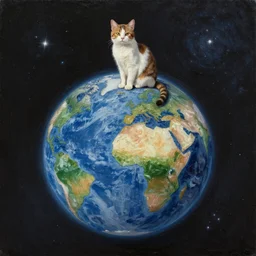 A cat sitting on the top of planet earth in space, oil painting, trending on artstation