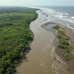 wide angle shot of muddy river delta leading to turbulent sea by hiroshi yoshida, roger deakins, turner, rothko, full height fluid simulation in houdini, hyperrealism, swampland, matte painting, top view, trending on artstation, 8 k high detail concept art, rendered in octane