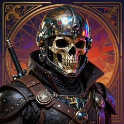 realistic detailed beautiful portrait of a menacing warrior space pirate with shiny skull space helmet by Anna and Elena Balbusso, Blade Runner, Ghost in the Shell, Art Nouveau, rich deep vibrant colors, futuristic, sci-fi