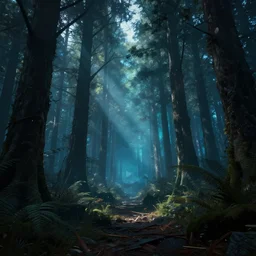 Cyberpunk forest, octane render, volumetric lighting, ray tracing, 4K