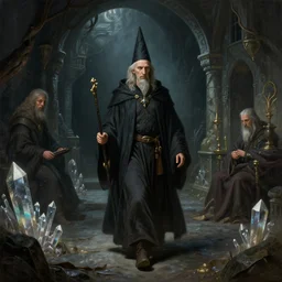 Beautiful hyperrealistic detailed matte portrait painting of a wizard walking through a dungeon, looks like it's from labyrinth, dark crystal and bazaar by greg rutkowski, andreas rocha and john howe, and Martin Johnson Heade,featured on artstation, ultrawide angle,f16 , golden ratio, f32, well composed, cohesive