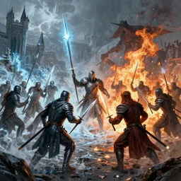 Fantasy medieval battle of good and evil, ice and fire, realistic, trending on artstation, 90mm, by Noah Bradley