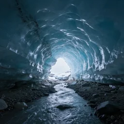 massive ice cave with low ceiling and narrow rough river running through it, surreal,