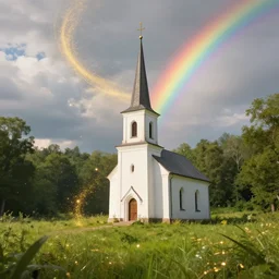 old white church chapel with a steeple in an old green meadow and gold sparkles floating around in the air and sky, swirling clouds, swirling glowing gold dust, lush forest, idyllic landscape, sparkles, rainbow across the sky, ethereal, atmospheric, iridescent, volumetric, unreal engine, ray - tracing, concept art, wlop, greg rutkowski, artstation, 8 k