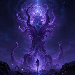 Eldritch Organic Tower of The Void, Purple and Blue colored, 4k, masterpiece, cinematic, glowing, cosmic, galactic, tentacles, eldritch, by Greg Rutkowski, Trending on Artstation