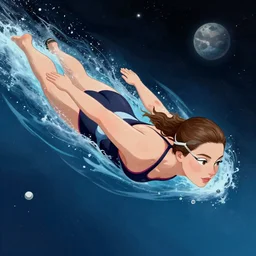 ( ( karolis strautniekas ) ), editorial illustration of a young woman swimming in space, giuseppe riccobaldi,, detailed, ( ( christopher balaskas ) ), perspective composition, halftone shaded, matte print, rich grainy texture, bright gradients, dynamic pose, vivid