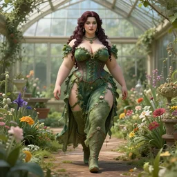 a stunning 3 d render of a thicc and voluptuous yennefer of vengerberg dressed as a beautiful poison ivy walking through a flowering garden, greenhouse in the background, intricate, elegant, highly detailed, digital painting, artstation, concept art, ultra sharp focus, octane render, volumetric lighting, art by greg rutkowski and alphonse mucha