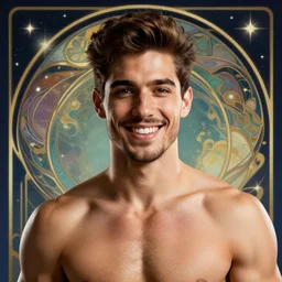 close up portrait, friendly santiago cabrera mage, handsome, muscular, smiling, abstract stars and night background, ornate alphonse mucha, rhads, ross tran, artstation, artgerm, octane render, 1 6 k
