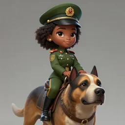 a highly detailed illustration of cute african girl wearing military uniform and green officer cap riding!!! on giant dog!!!, dramatic standing pose, perfect face, intricate, elegant, highly detailed, centered, digital painting, artstation, concept art, smooth, sharp focus, league of legends concept art, wlop