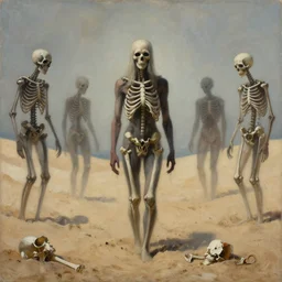 painting, humans perished, their dreams forgotten, horrors faced, bones turn to sand. upon that sand walks the new god, one that will never die