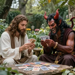 Jesus and the Devil playing cards in a garden, photorealistic, award winning, 8k, trending on major art outlets,