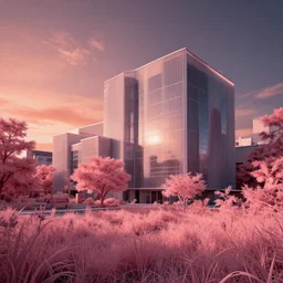 a beautiful detailed rendering of nature city bedroom architecture urbex by liam wong, infrared san andreas retrowave sunlight reclaimed by nature matte painting sunset universe tron meadow, archdaily, wallpaper, highly detailed, trending on artstation.
