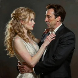 An epic fantastic realism style painting of nicolas cage playing as nicole kidman, unreal 5, hyperrealistic, octane render, dynamic lighting