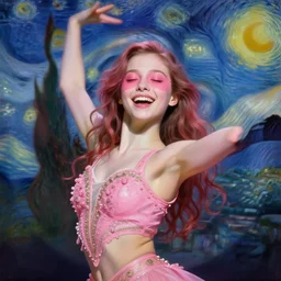 portrait of a beautiful girl, smiling, ecstatic, dancing, eyes closed, open mouth, shades of pink, beautiful face, rule of thirds, intricate outfit, spotlight, by greg rutkowski, by jeremy mann, by francoise nielly, by van gogh, digital painting
