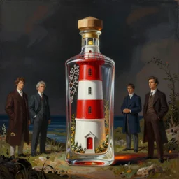 a red and white lighthouse inside a clear bottle, very fancy whiskey bottle, intricate concept painting by by artgerm and greg rutkowski and edgar maxence and ruan jia