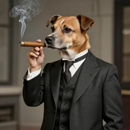 anthropomorphic dog wearing a suit and smoking a cigar, 1920's noir photography