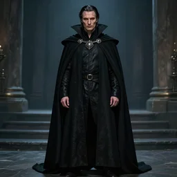 mads mikkelsen as a vampire, male, late - 4 0 s aged, shoulder blade length, slicked black hair, red irises, clean shaven, wearing a cape, regal, royal, grim facial expression, high medieval fantasy, full color digital art, cinematic shot, full body shot.