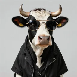 a cool jazzy cow wearing sunglasses and black outfit