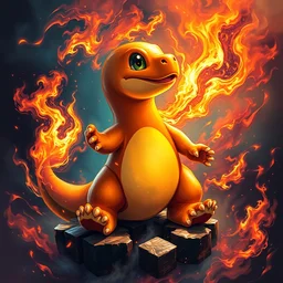 high intricate glimmering 3 d painting!!!!! of charmander!!!!!!! surrounded by fire!!!, neil gaiman, ( ( alejandro mirabal ) ), ( ( cory loftis ) ), patryk stefaniak, rebecca hu!!, ben mauro, logan preshaw!!, trending on artstation