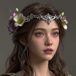 complex 3 d render, ultra detailed, realistic portrait of a beautiful woman, face, wispy, wavy hair worn tied back in a messy bun, wearing filigree silver elven circlet, wide open eyes, flowers in hair, headshot, catchlights, mauve lips, natural makeup, 8 5 mm lens, beautiful, studio portrait, nature goddess,