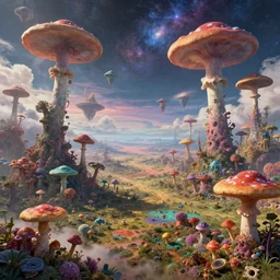 a view of a surreal alien variated planetary fractal landscape with gigantic and small colorful exotic fungus of varying densities and sizes scattered across the vast landscapes, surreal clouds, floating islands, 4 k, retro, detailed, vibrant, weird skies, extradimensional, stars, galaxies, trending on artstation