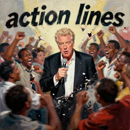 kramer!! michael richards holding microphone in the middle of a horde of african americans, rioting, kramer torn apart painting by phil hale, 'action lines'!!!, graphic style, visible brushstrokes, motion blur, blurry