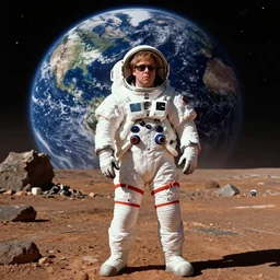 elton john in a space suit on mars looking at the destruction of earth