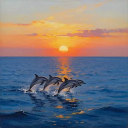Beautiful Ocean sunset, dolphins jumping out of the ocean next to a Gallantine, Matte Oil Painting by Rembrandt, high detailed panoramic scene