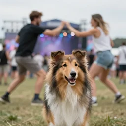 a sheltie crying at a music festival, in the background there's is a fight going on, photograph, depth of field, ultra detailed