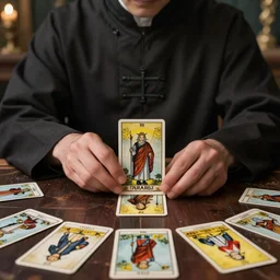 priest doing a tarot reading, cards, fantasy, digital art, soft lighting, medium close up, highly detailed, 4 k