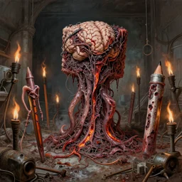 pencils of brutalist medical, flayed elder ruin, dead god lava gargler, brain operation, unsymmetrical, horror squid cube colossus, surrounding med equipment, abandoned filthy, chemical burns, rusted, macerated, eviscerated by fimbria wires, by v finlay, wayne d barlowe, stefano tamburini, geof darrow, torch light