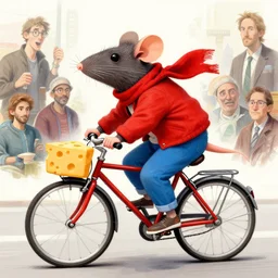 caricature of a cartoonish rat wearing red scarf jacket and blue pants, the rat is riding a bike, the bike is a hybrid of a swiss cheese and bike, fine details by stanley artgerm lau, wlop, rossdraws, james jean, andrei riabovitchev, marc simonetti, and sakimichan, trending on artstation