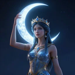 artemixel, the modern reincarnation of the old selenium greek god of hunt, also known as artemis the selene, carrying the celebrated crown of the crescent moon wich its usual bright and slightly bluish crescent like the brightness of the night. in the style of a moebius 3 d render unreal engine 5 in 8 k resolution