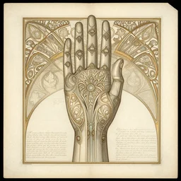 detailed, intricate technical drawings on parchment from 1 8 4 0, with labels and notes, for a beautiful, symmetric, art deco android hand, by ron cobb and alphonse mucha
