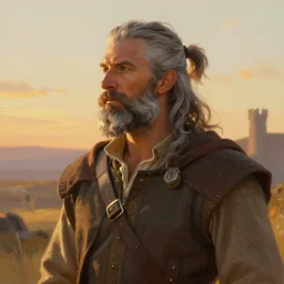 a stunning painting of dave foley with a grey ponytail and beard dressed as a medieval explorer, james gurney, digital art, golden hour