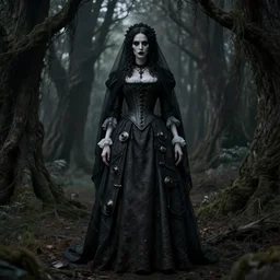 stunning full body baroque portrait pale vampiric gaunt woman Helena Bonham Carter in mourning veil wearing a industrial victorian dress, in a forest surrounded by dark hanging trees, sinister, priestess, witch, wicked, villain, detailed, atmospheric, dark gothic color scheme, cinematic, desaturated, 8K matte, rendered in octane