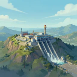 A hydroelectric power station on the peak of a mountain, outer wilds screenshot, 4K HD, digital art, artstationhq,Jordan Grimmer and Victor Mosquera