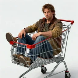nick valentine is sitting in a shopping cart, realism, stylization for fallout 4