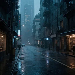 empty street on a melancholy rainy night of cyberpunk city de chirico