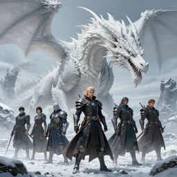 a group of heros in a snowy landscape next to a huge terrifying white dragon, fantasy concept art, intricate detail