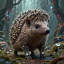 portrait of a intricate hedgehog cyborg, on the background of a weird magical mechanical forest. Very detailed 8k. Fantasy cyberpunk horror. Sharp. Cinematic post-processing. Unreal engine. Nanite. Ray tracing. Parallax. Tessellation