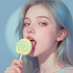 portrait of a beautiful girl, licking very large lollipop, intimate, pastel shades of blue and yellow, beautiful face, rule of thirds, spotlight, expressive, passionate, by jeremy mann, digital painting