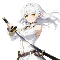 renaissance anime brave elf girl with white skin, katana in hand, wide golden eyes, hair blowing the wind, strong pose, trending art, fashion photography, centered, fate zero, extremely high detailed face, bokeh color background, by studio glibly, by makoto shinkai, wlop