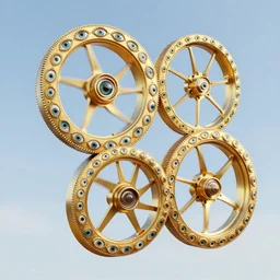 interlocking gold wheels with each wheel's exterior covered with multiple eyes. they move by floating themselves in the sky