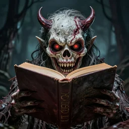 high quality studio photography of frightening book with monster features, horror background